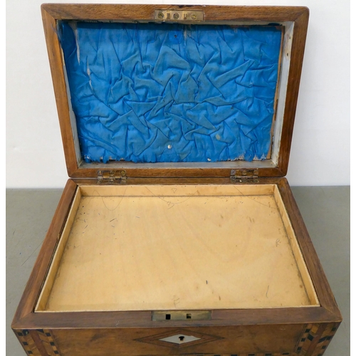 61 - A late Victorian marquetry and walnut sewing box with a hinged lid  5