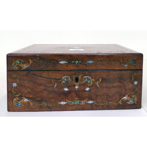 62 - A late Victorian marquetry and mother-of-pearl inlaid, walnut sewing box with a hinged lid, enclosin... 