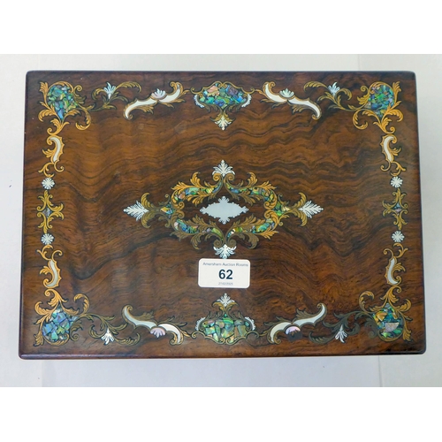 62 - A late Victorian marquetry and mother-of-pearl inlaid, walnut sewing box with a hinged lid, enclosin... 