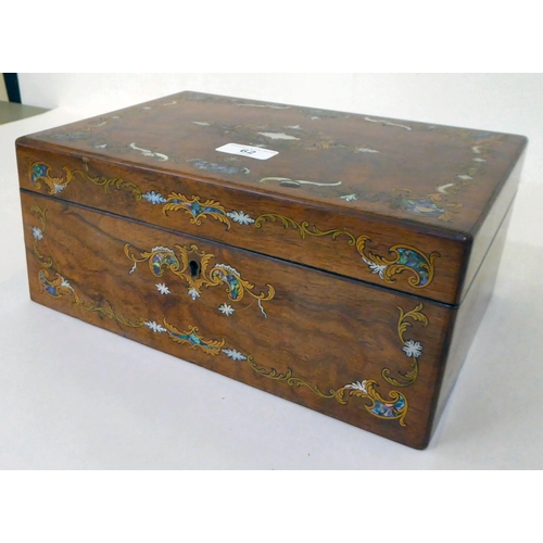 62 - A late Victorian marquetry and mother-of-pearl inlaid, walnut sewing box with a hinged lid, enclosin... 