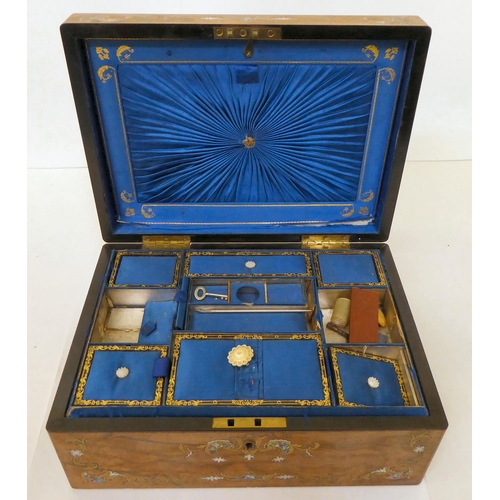 62 - A late Victorian marquetry and mother-of-pearl inlaid, walnut sewing box with a hinged lid, enclosin... 