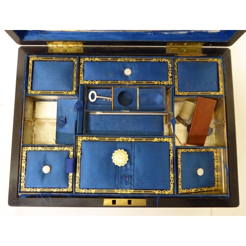 62 - A late Victorian marquetry and mother-of-pearl inlaid, walnut sewing box with a hinged lid, enclosin... 