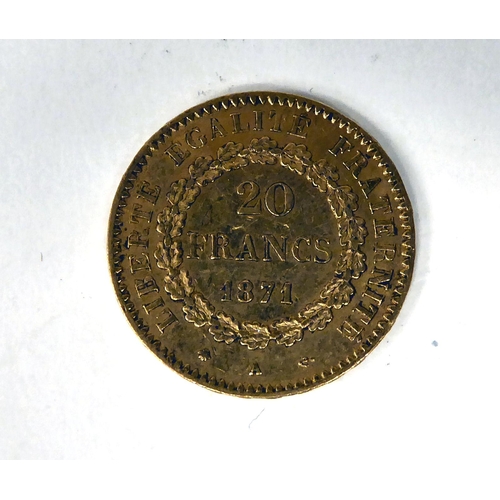 74 - An 1871 French 20 franc gold coin