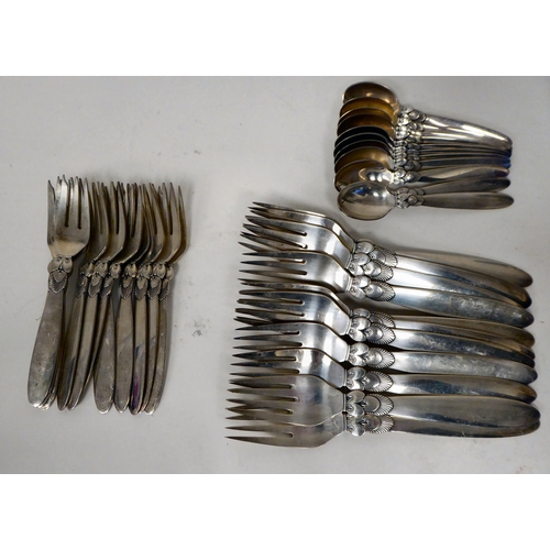 16 - Georg Jensen Cactus pattern Sterling silver tableware  comprising twelve table forks, twelve tablesp... 