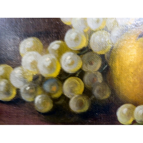 244 - A still life study of flowers and fruit  oil on canvas  bears an indistinct signature ... 