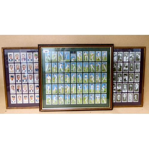 249 - Three framed displays of Churchman and Players cigarette cards, depicting boxers and cricketers