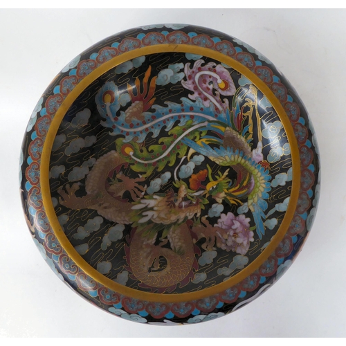 26 - A 20thC Chinese cloisonné, shallow bowl with an incurved rim, decorated with exotic birds&nbs... 