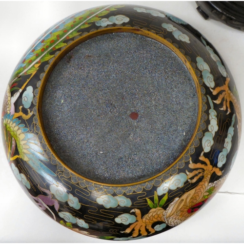 26 - A 20thC Chinese cloisonné, shallow bowl with an incurved rim, decorated with exotic birds&nbs... 