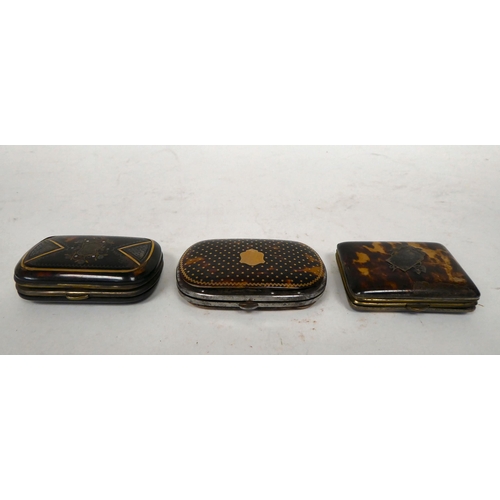 39 - Three similar late 19thC piquetworked tortoiseshell folding purses, finely inlaid with yellow metal