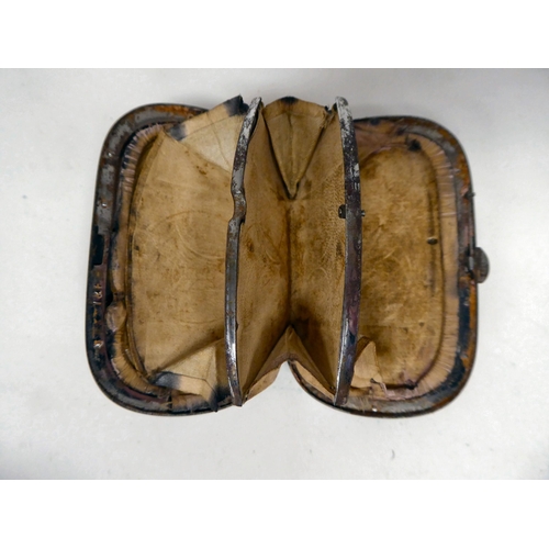 39 - Three similar late 19thC piquetworked tortoiseshell folding purses, finely inlaid with yellow metal