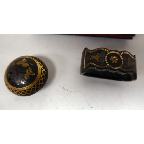 42 - Late 19thC piquetworked tortoiseshell objects of purpose: to include a pince nez; a scarf gatherer; ... 