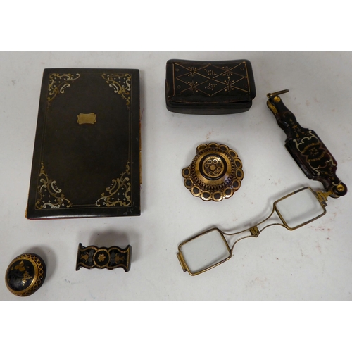 42 - Late 19thC piquetworked tortoiseshell objects of purpose: to include a pince nez; a scarf gatherer; ... 