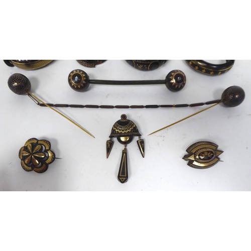 43 - Late 19thC piquetworked tortoiseshell, finely inlaid with yellow metal: to include hair ornaments; b... 