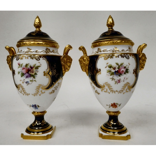 61 - A 20thC pair of Coalport china, ovoid shape, pedestal vases with covers and opposing ram's head hand... 