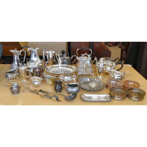 257 - Silver plated tableware: to include a cruet with four glass bottles