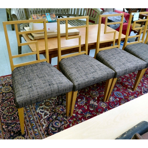 277 - A set of six modern puzzle back design, beech framed dining chairs with two-tone fabric upholstered ... 
