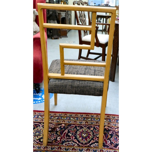 277 - A set of six modern puzzle back design, beech framed dining chairs with two-tone fabric upholstered ... 