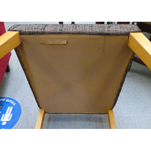 277 - A set of six modern puzzle back design, beech framed dining chairs with two-tone fabric upholstered ... 