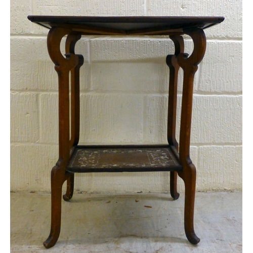 295 - An early/mid 20thC mother-of-pearl inlaid fruitwood, two tier occasional table, raised on splayed le... 