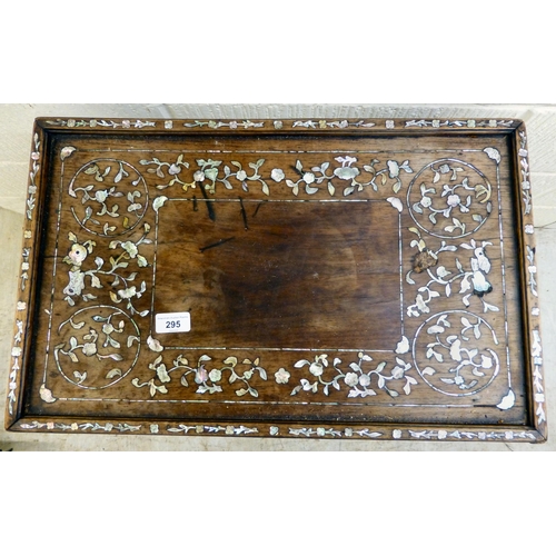 295 - An early/mid 20thC mother-of-pearl inlaid fruitwood, two tier occasional table, raised on splayed le... 