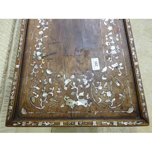 295 - An early/mid 20thC mother-of-pearl inlaid fruitwood, two tier occasional table, raised on splayed le... 