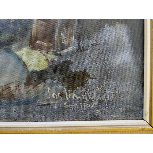 92 - Possibly Ina Wainwright - 'Miner'  oil on board  bears an indistinct signature  text ... 