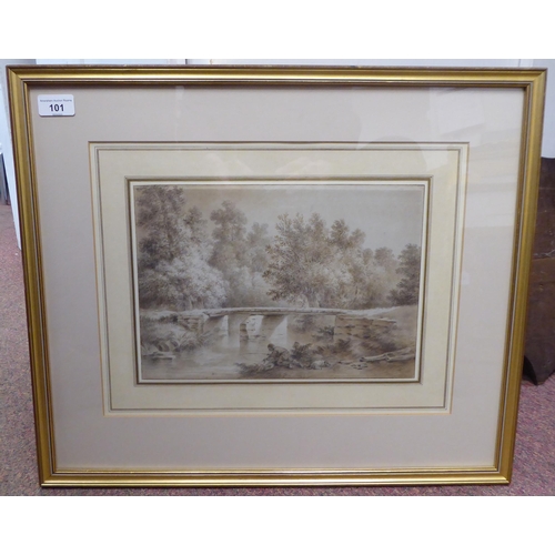 101 - Mid 19thC British School - a figure with his resting dog, fishing in a stream by a bridge&nbsp; wate... 