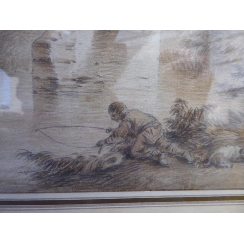 101 - Mid 19thC British School - a figure with his resting dog, fishing in a stream by a bridge&nbsp; wate... 