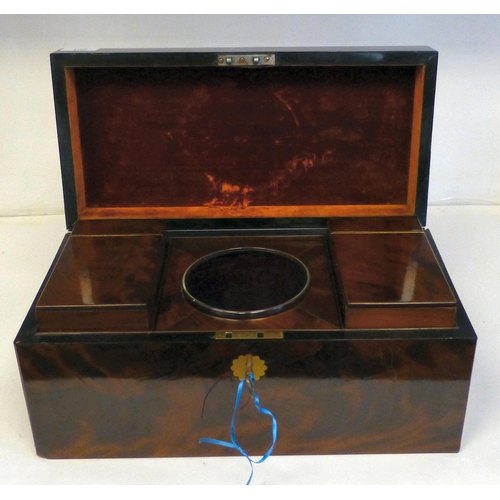 105 - An early 19thC flame veneered mahogany tea casket with straight sides, opposing, flush fitting brass... 