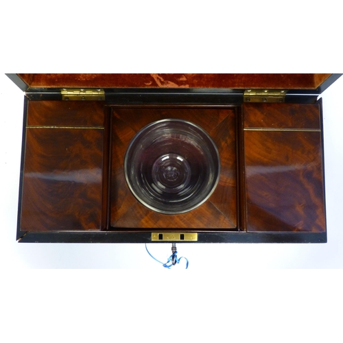 105 - An early 19thC flame veneered mahogany tea casket with straight sides, opposing, flush fitting brass... 
