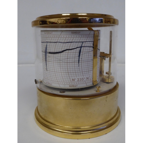 107 - A modern French made lacquered brass cased, desktop barograph of cylindrical form  5