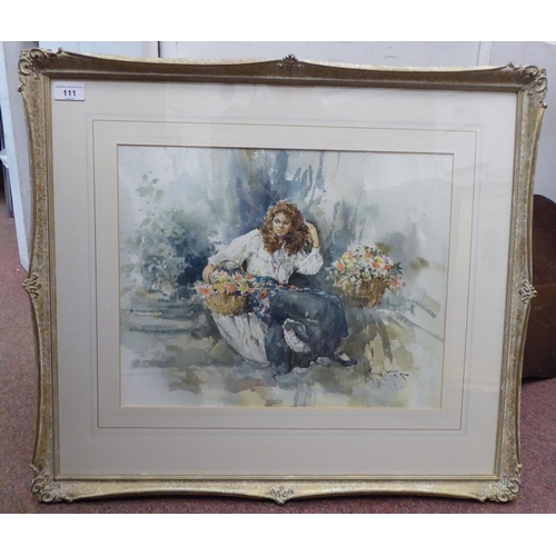 111 - Gordon King - a flower seller&nbsp; watercolour&nbsp; bears a signature&nbsp; 13