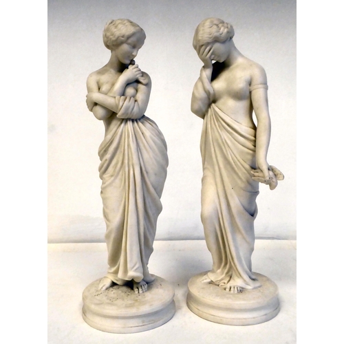 112 - A Royal Worcester Parianware figure, a classical maiden with a dove; and another 'Mourning Dove'  th... 