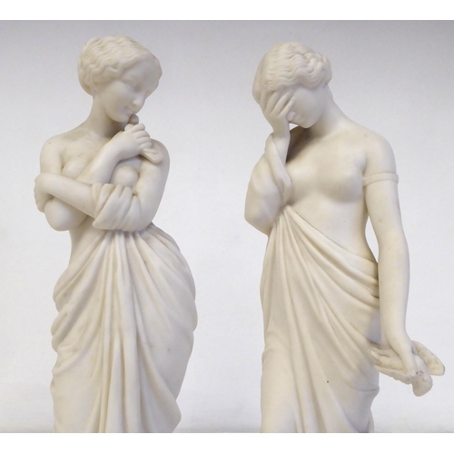 112 - A Royal Worcester Parianware figure, a classical maiden with a dove; and another 'Mourning Dove'  th... 