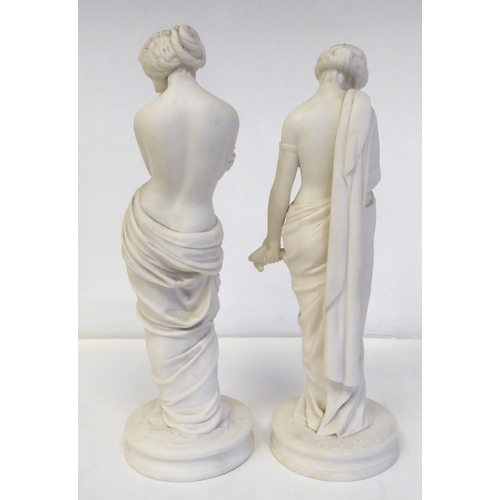 112 - A Royal Worcester Parianware figure, a classical maiden with a dove; and another 'Mourning Dove'  th... 