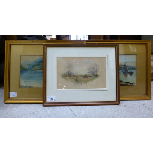 118 - Three framed pictures: to include KJ Messer - a landscape study&nbsp; watercolour&nbsp; bears a sign... 