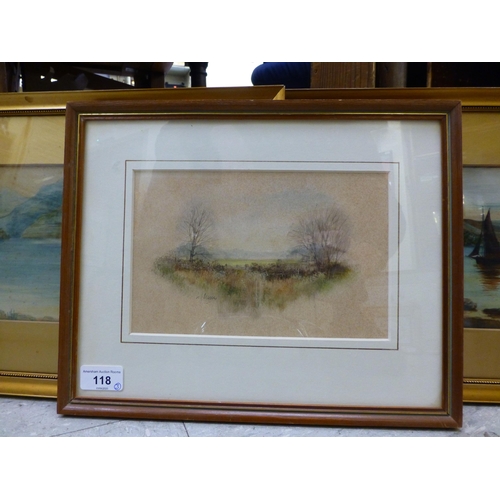 118 - Three framed pictures: to include KJ Messer - a landscape study&nbsp; watercolour&nbsp; bears a sign... 