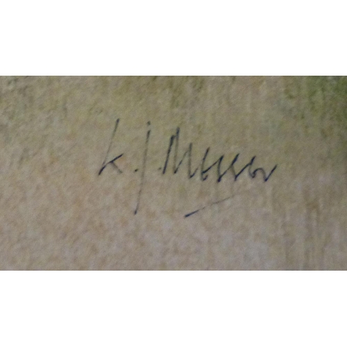 118 - Three framed pictures: to include KJ Messer - a landscape study&nbsp; watercolour&nbsp; bears a sign... 