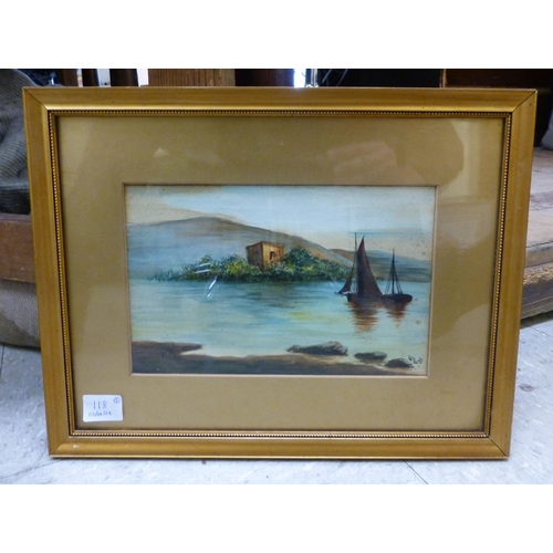 118 - Three framed pictures: to include KJ Messer - a landscape study&nbsp; watercolour&nbsp; bears a sign... 