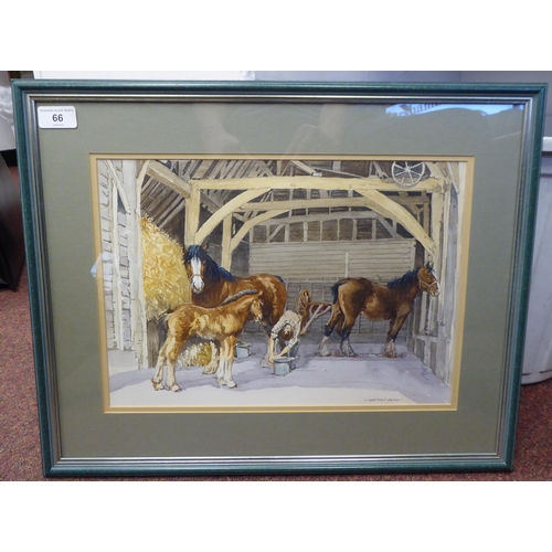 66 - Norman Hoad - horses in a barn with a farrier  watercolour  bears a signature  11