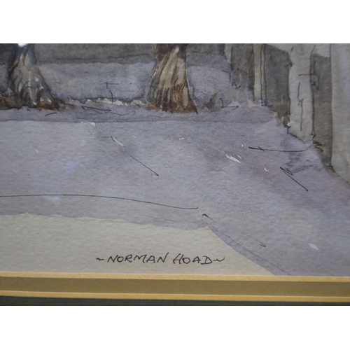 66 - Norman Hoad - horses in a barn with a farrier  watercolour  bears a signature  11