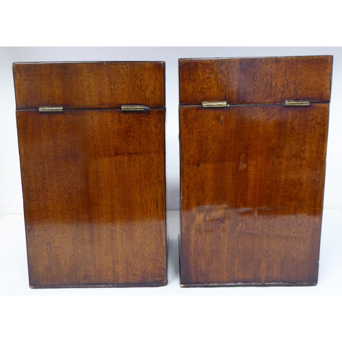 79 - A pair of Regency serpentine front, mahogany knife boxes with satin marquetry ornament on the angled... 