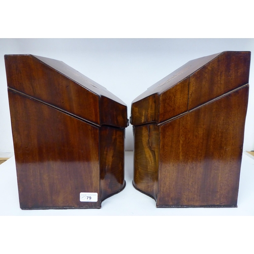 79 - A pair of Regency serpentine front, mahogany knife boxes with satin marquetry ornament on the angled... 