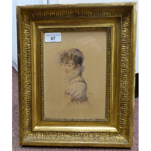 87 - I Sabey - an early 19thC head and shoulders portrait, a girl wearing an upstand ruff  watercolour  b... 