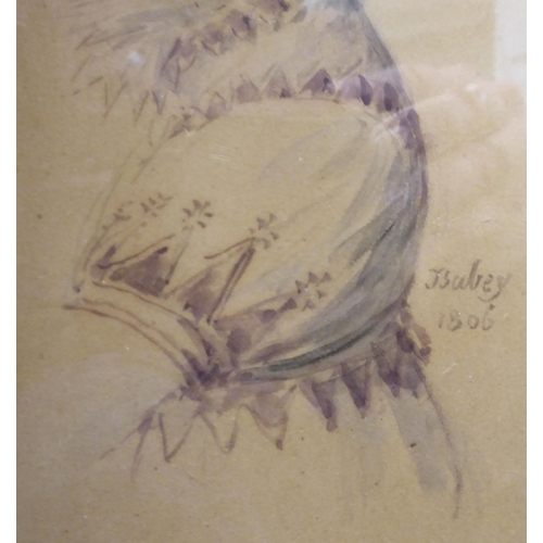 87 - I Sabey - an early 19thC head and shoulders portrait, a girl wearing an upstand ruff  watercolour  b... 