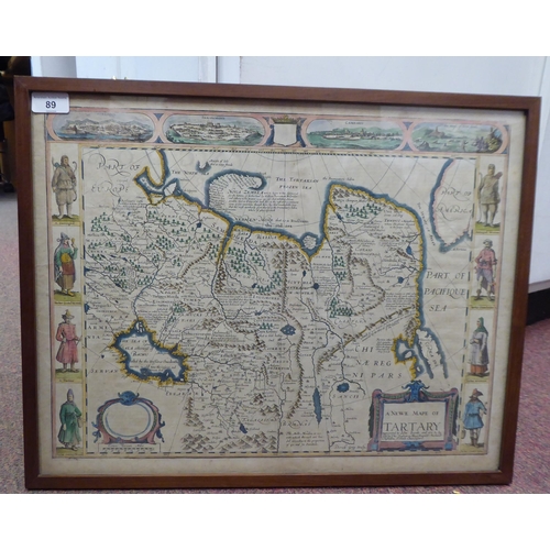 89 - A John Speede coloured map 'A Newe Mape of Tartary' with views of Samarchand, Cambalu and Tartar; wo... 