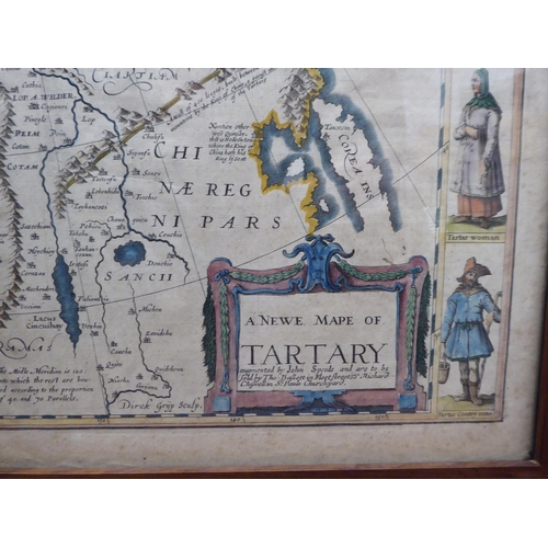 89 - A John Speede coloured map 'A Newe Mape of Tartary' with views of Samarchand, Cambalu and Tartar; wo... 