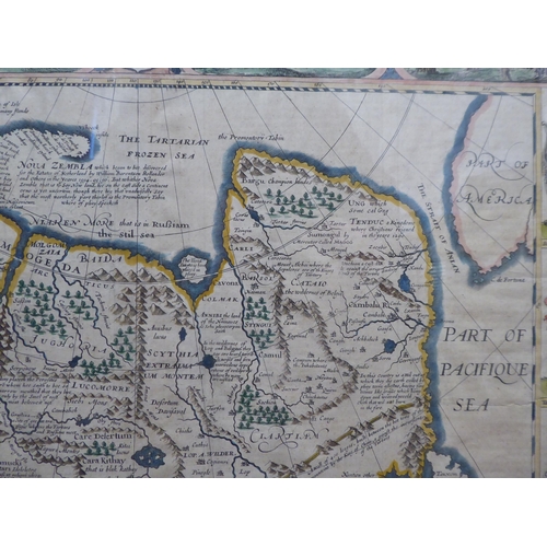 89 - A John Speede coloured map 'A Newe Mape of Tartary' with views of Samarchand, Cambalu and Tartar; wo... 