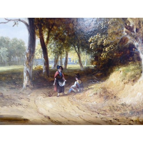 91 - Early 19thC British School - a study of two figures in a wooded lane with cattle beyond  oil on pane... 
