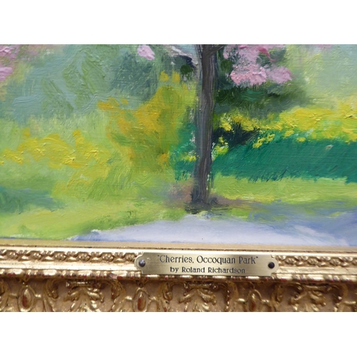 92 - Roland Richardson - 'Cherries Occoquan Park'&nbsp; oil on board&nbsp; bears a signature verso & ... 